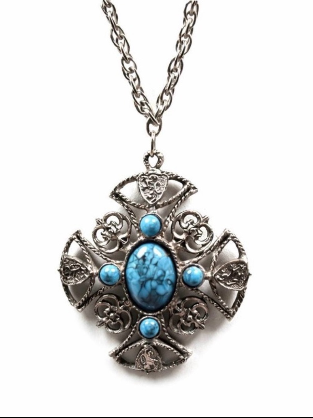 Silver Cross Pendant Necklace with Turquoise Stones - Women Jewelry